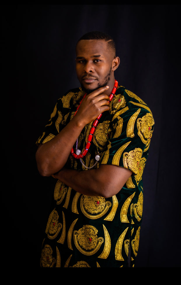 AFRICAN TRADITIONAL ISI AGU VELVET TOP FOR MEN| OKORO VELVET TOP - Mofe African Fashion