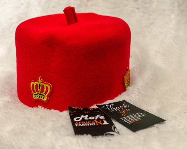AFRICAN NIGERIAN RED HAT WITH STAMPS | CHIEFTAINCY TRADITIONAL HAT - Mofe African Fashion