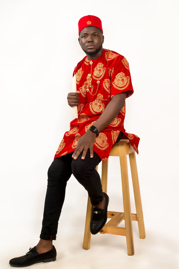 AFRICAN TRADITIONAL ISI AGU VELVET TOP FOR MEN| OBINA VELVET TOP - Mofe African Fashion