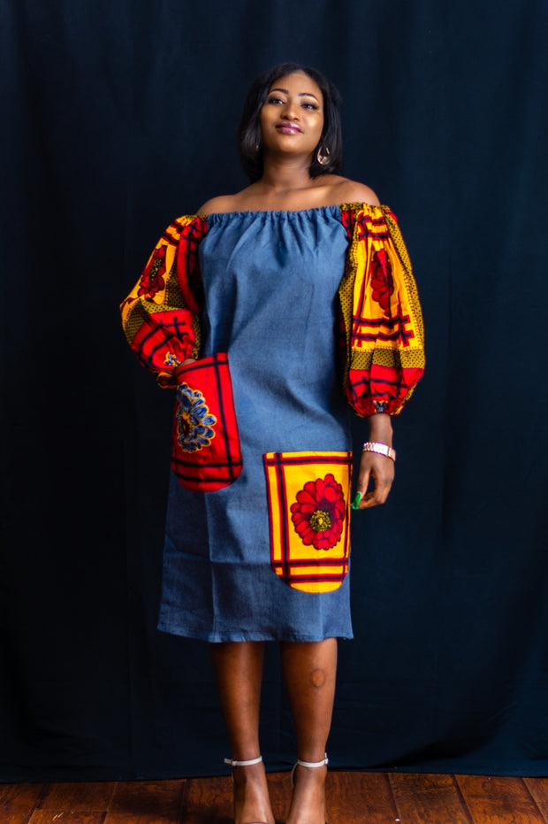 AFRICAN PRINTS ANKARA DENIM MIDI DRESS| MORAYO DRESS - Mofe African Fashion
