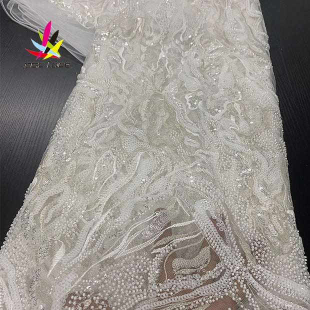 Luxury Beads Lace Handmade Fabric French Wedding Dress Latest Nigeria Cotton Embroidery White Good Price With Stones New - Mofe African Fashion